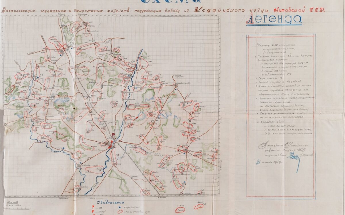 Carte de la « Localisation des exploitations de koulaks et de bandits devant être expulsés du district de Kėdainiai, RSS de Lituanie. » Source : LYA V-135/7/159/306.